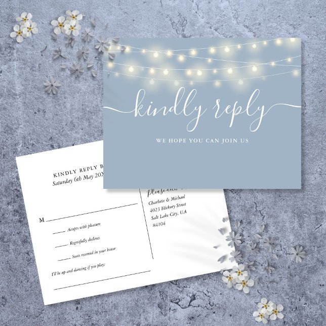 String Lights Dusty Blue Song Request RSVP Invitation Postcard (String Lights Dusty Blue Song Request RSVP Invitation Postcard)