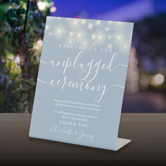 String Lights Dusty Blue Unplugged Ceremony Pedestal Sign (String Lights Dusty Blue Unplugged Ceremony Pedestal Sign)
