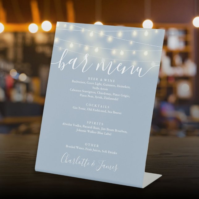 String Lights Dusty Blue Wedding Bar Menu Pedestal Sign (String Lights Dusty Blue Wedding Bar Menu Pedestal Sign)