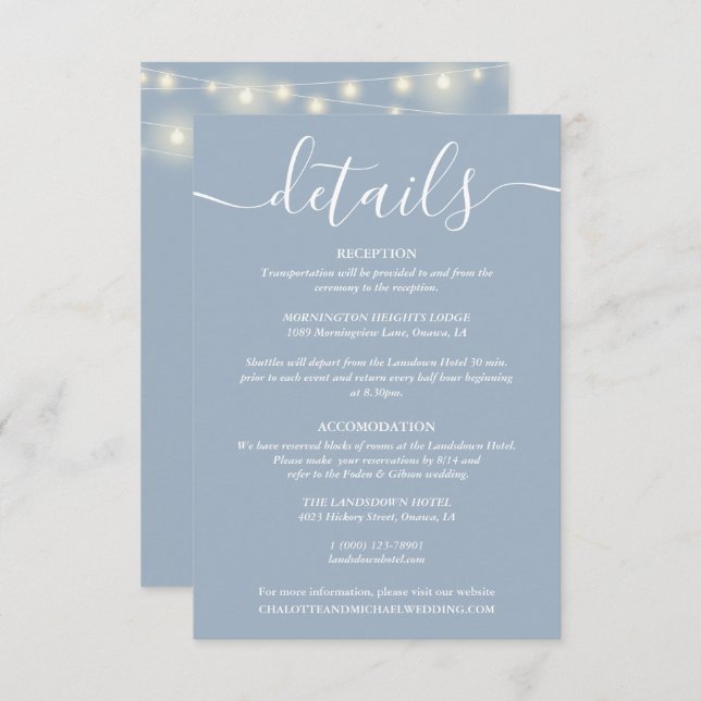 String Lights Dusty Blue Wedding Details Enclosure Card (Front/Back)