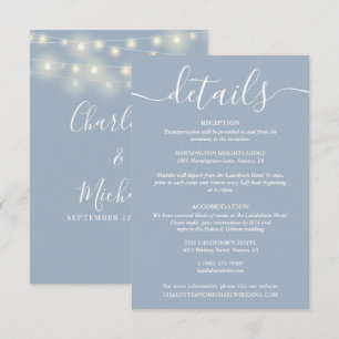 String Lights Dusty Blue Wedding Details Enclosure Card
