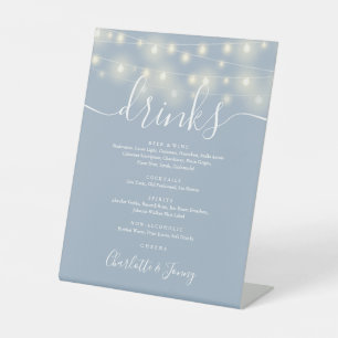 String Lights Dusty Blue Wedding Drinks Menu  Pedestal Sign