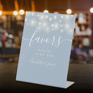 String Lights Dusty Blue Wedding Favours Table Pedestal Sign