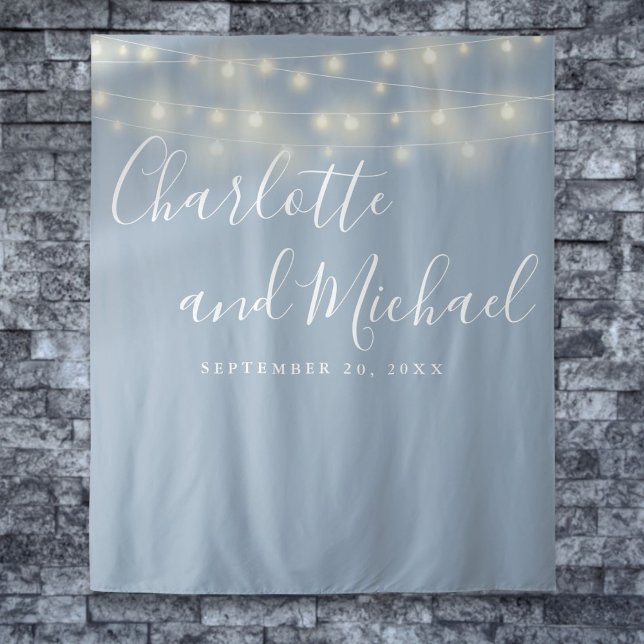 String Lights Dusty Blue Wedding Photo Backdrop Tapestry (String Lights Dusty Blue Wedding Photo Backdrop)