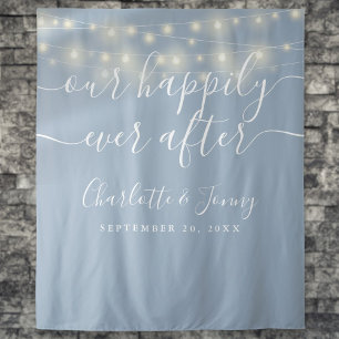 String Lights Dusty Blue Wedding Photo Backdrop Tapestry