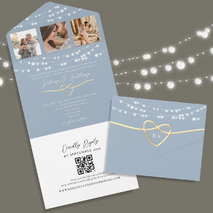 String Lights Dusty Blue Wedding QR Code All In One Invitation