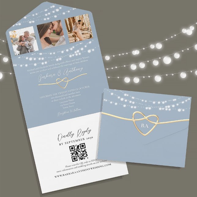 String Lights Dusty Blue Wedding QR Code All In One Invitation (Creator Uploaded)