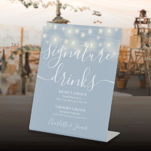 String Lights Dusty Blue Wedding Signature Drinks Pedestal Sign