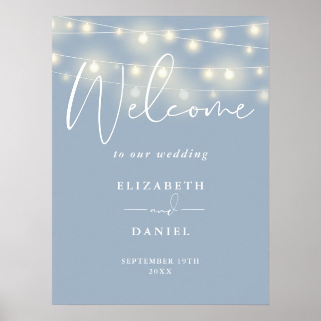 String Lights Dusty Blue Wedding Welcome Sign (Front)