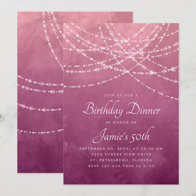 String Lights Dusty Rose Pink Birthday Dinner Invitation (Front/Back)