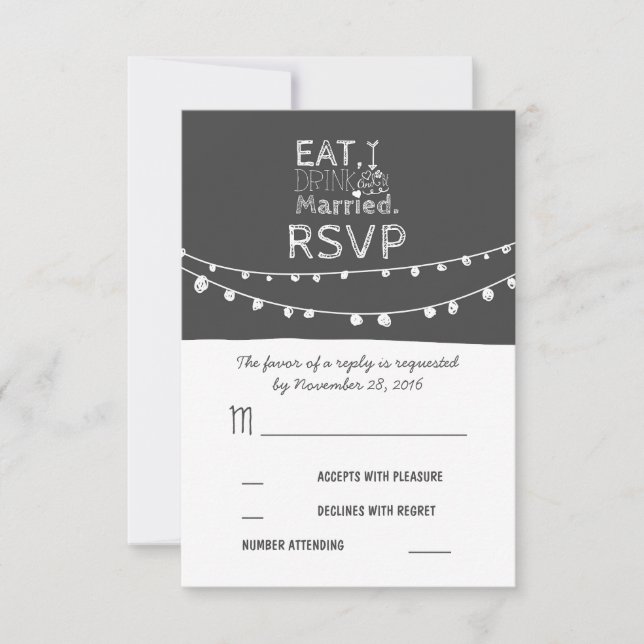 string lights eat drink and be married RSVP cards (Front)