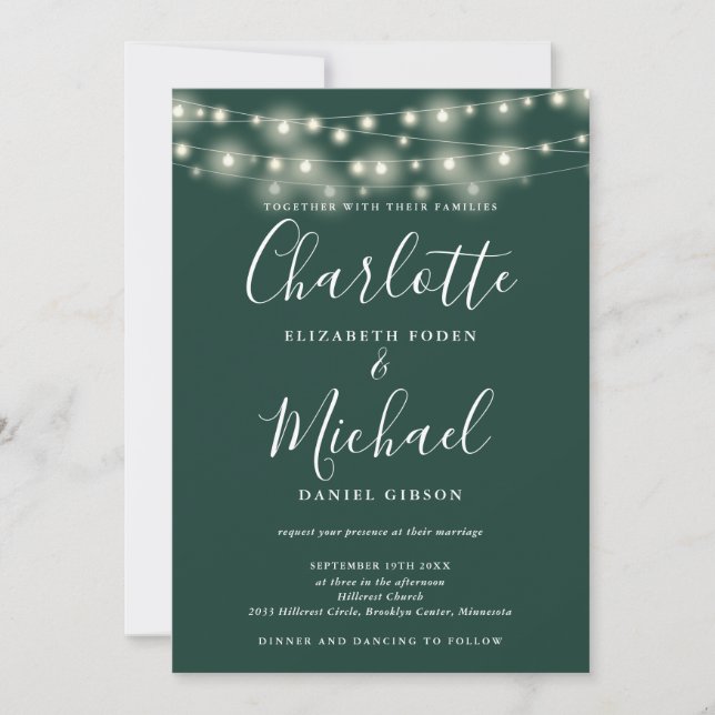 String Lights Emerald All In One Simple Wedding Invitation (Front)