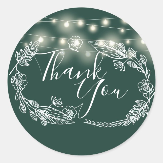 String Lights Emerald Green Floral Thank You Classic Round Sticker (Front)