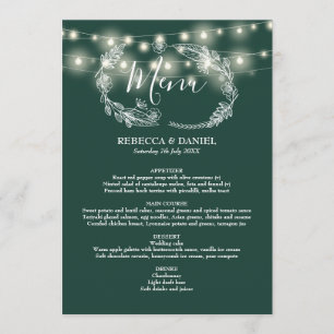 String Lights Emerald Green Floral Wedding Menu