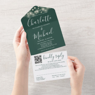 String Lights Emerald Green Script QR Code Wedding All In One Invitation