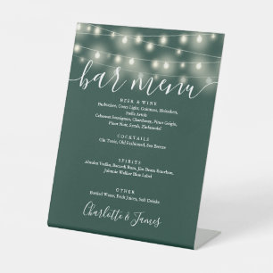 String Lights Emerald Green Wedding Bar Menu Pedestal Sign