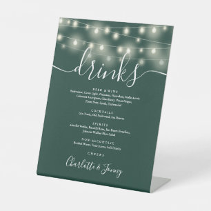 String Lights Emerald Green Wedding Drinks Menu  Pedestal Sign