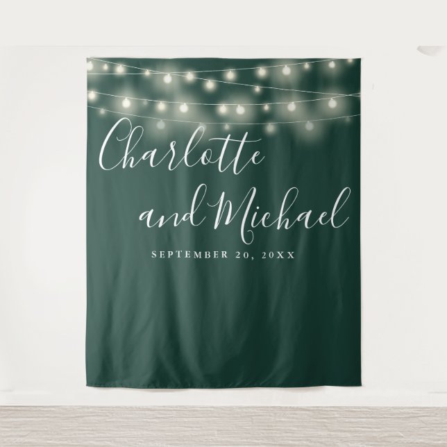 String Lights Emerald Green Wedding Photo Backdrop Tapestry (Front)