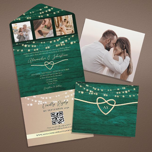 String Lights Emerald Green Wedding QR Code All In One Invitation (Creator Uploaded)