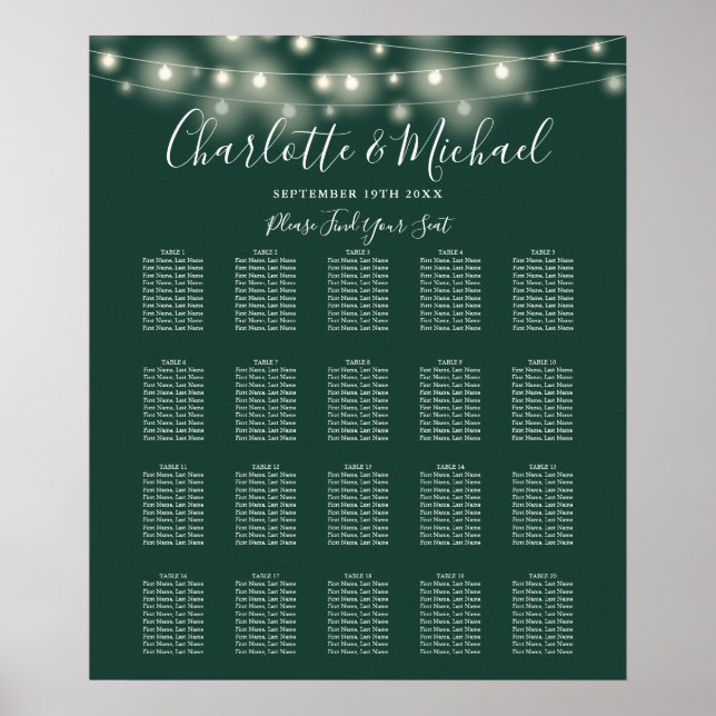 String Lights Emerald Green Wedding Seating Chart (Front)