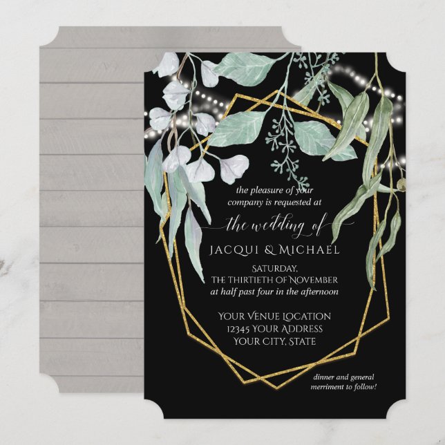 String Lights Eucalyptus Geometric Wood Watercolor Invitation (Front/Back)