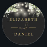 String Lights Floral Black And Gold Wedding Favour Classic Round Sticker<br><div class="desc">Elegant black and gold floral greenery string lights sticker personalised with your names. Designed by Thisisnotme©</div>