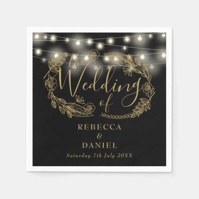 String Lights Floral Black And Gold Wedding Napkin (Front)