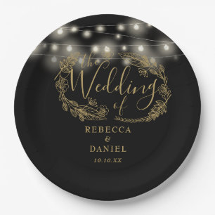 String Lights Floral Black And Gold Wedding Paper Plate