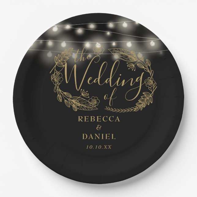 String Lights Floral Black And Gold Wedding Paper Plate (Front)