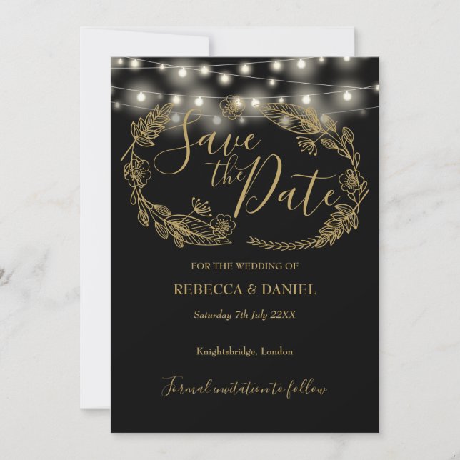 String Lights Floral Black And Gold Wedding Save The Date (Front)