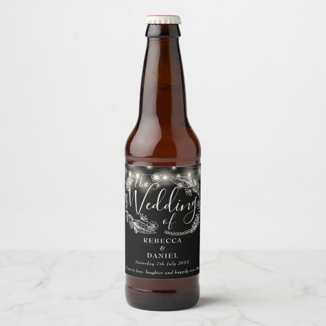 String Lights Floral Black And White Wedding Beer Bottle Label (Front)