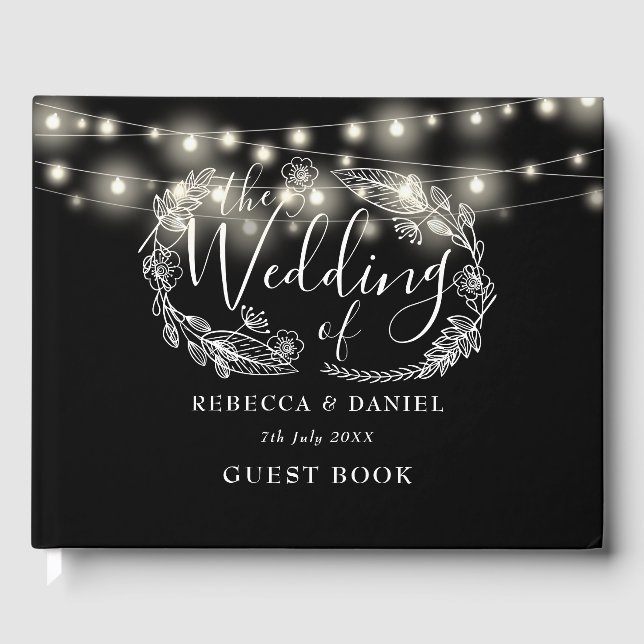 String Lights Floral Black And White Wedding Guest Book (Front)