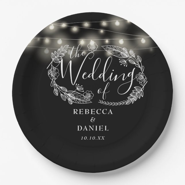 String Lights Floral Black And White Wedding Paper Plate (Front)