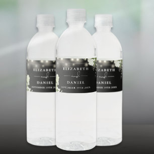 String Lights Floral Black And White Wedding Water Bottle Label