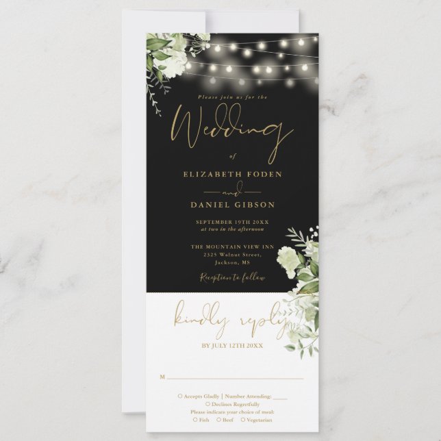String Lights Floral Black Gold All In One Wedding Invitation (Front)