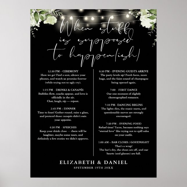 String Lights Floral Black White Wedding Itinerary Poster (Front)