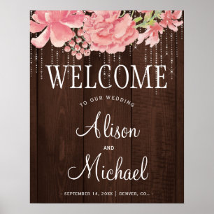 String lights floral blush wedding welcome sign
