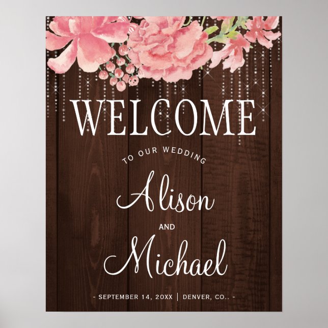 String lights floral blush wedding welcome sign (Front)