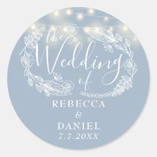 String Lights Floral Dusty Blue Wedding Classic Round Sticker