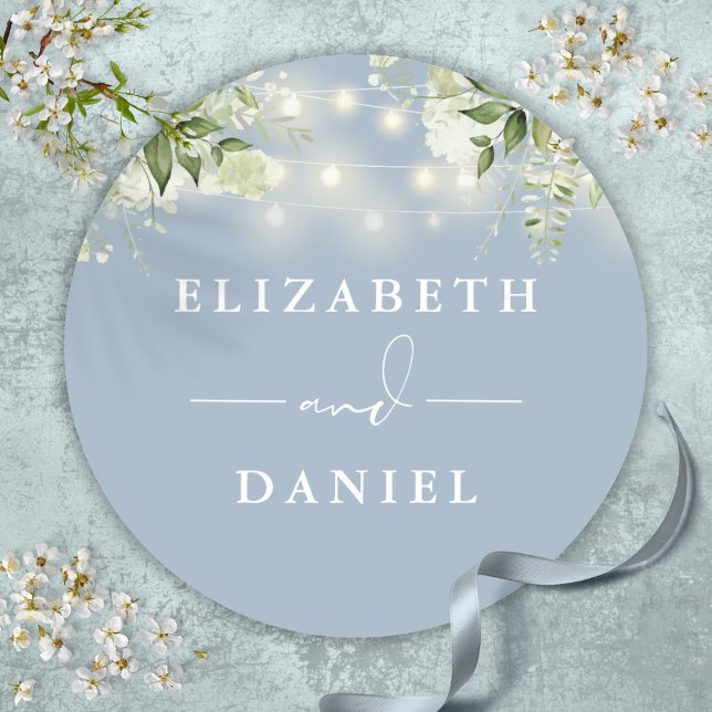 String Lights Floral Dusty Blue Wedding Favour Classic Round Sticker (String Lights Floral Dusty Blue Wedding Favor Classic Round Sticker)