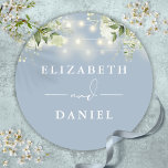 String Lights Floral Dusty Blue Wedding Favour Classic Round Sticker<br><div class="desc">Elegant dusty blue floral greenery string lights sticker personalised with your names. Designed by Thisisnotme©</div>