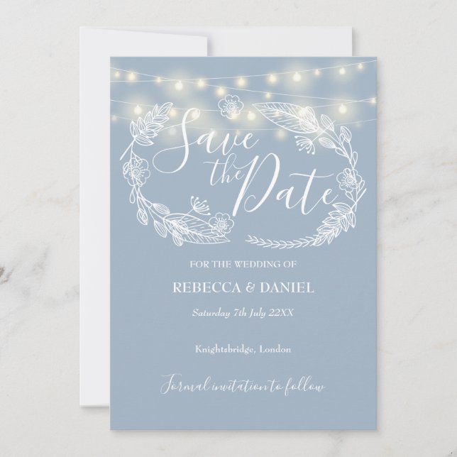 String Lights Floral Dusty Blue Wedding Save The Date (Front)