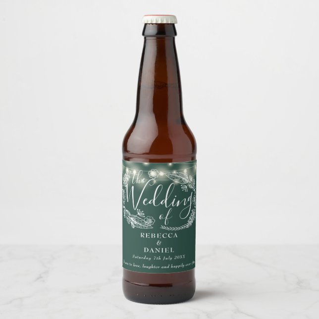 String Lights Floral Emerald Green Wedding Beer Bottle Label (Front)