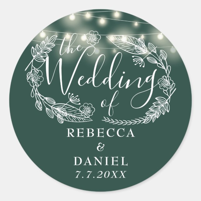 String Lights Floral Emerald Green Wedding Classic Round Sticker (Front)
