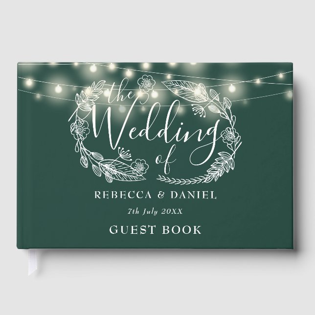 String Lights Floral Emerald Green Wedding Guest Book (Front)