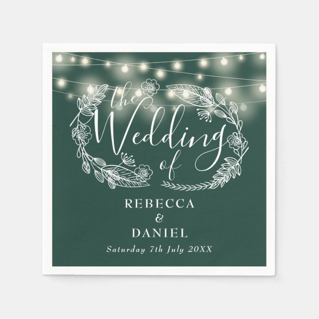 String Lights Floral Emerald Green Wedding Napkin (Front)