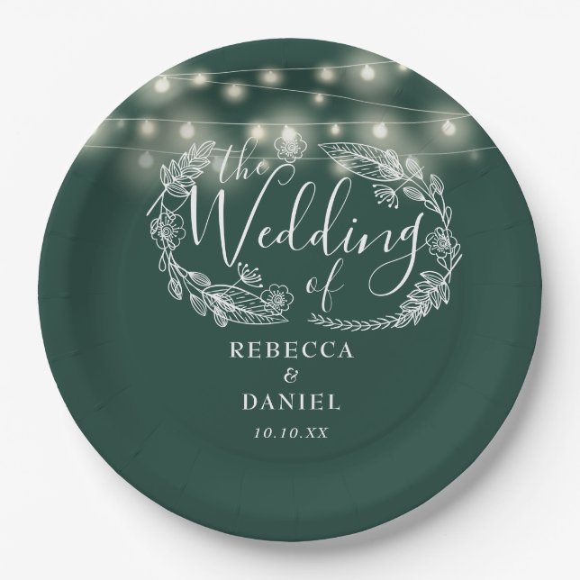 String Lights Floral Emerald Green Wedding Paper Plate (Front)