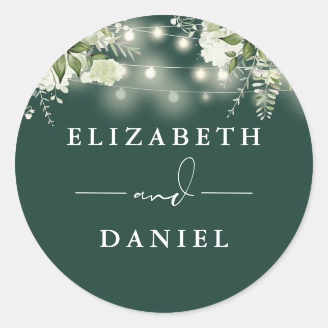 String Lights Floral Emerald Wedding Favour Classic Round Sticker (Front)