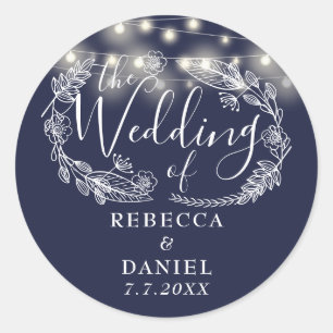 String Lights Floral Navy Blue Wedding Classic Round Sticker