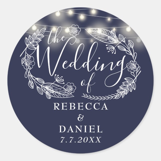String Lights Floral Navy Blue Wedding Classic Round Sticker (Front)